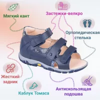Сандалии ортопедические детские TWIKI TW-134-17 кожаные с открытым носом цвет синий комбинированный 